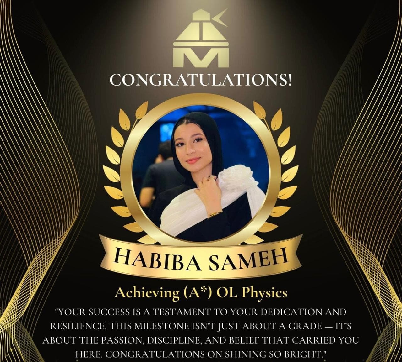 O-Level Physics award card issued to Habiba Sameh by the online academy, printed grade A*.