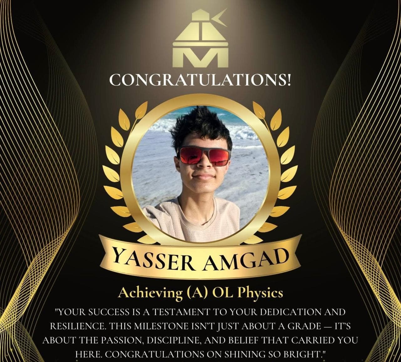 O-Level Physics award card issued to Yasser Amgad by the online academy, printed grade A.