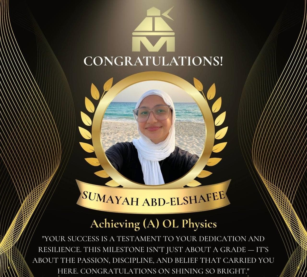 O-Level Physics award card issued to Sumayah Abd-Elshafee by the online academy, printed grade A.