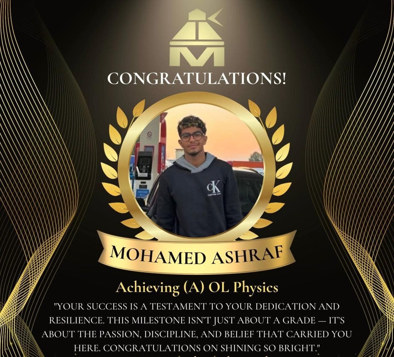O-Level Physics award card issued to Mohamed Ashraf by the online academy, printed grade A.