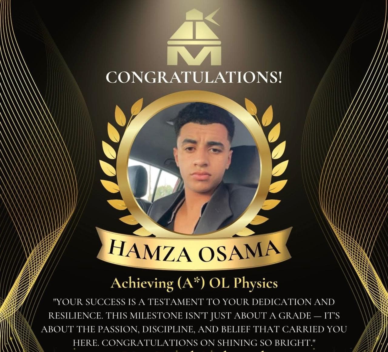 O-Level Physics award card issued to Hamza Osama by the online academy, printed grade A*.