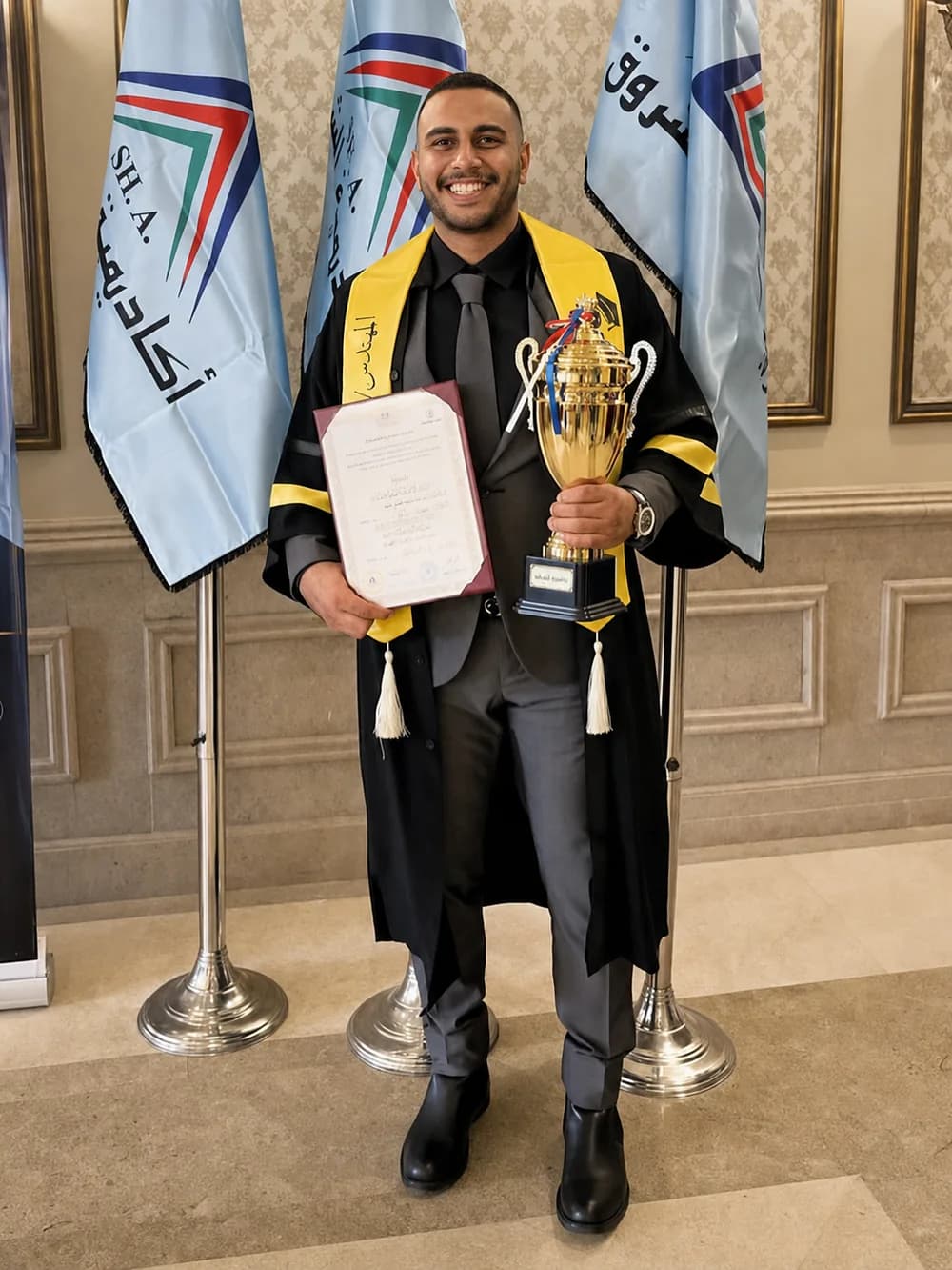 Yousef in graduation robes at Alshorouk Academy, holding his certificate and an award cup in front of the academy's flags.